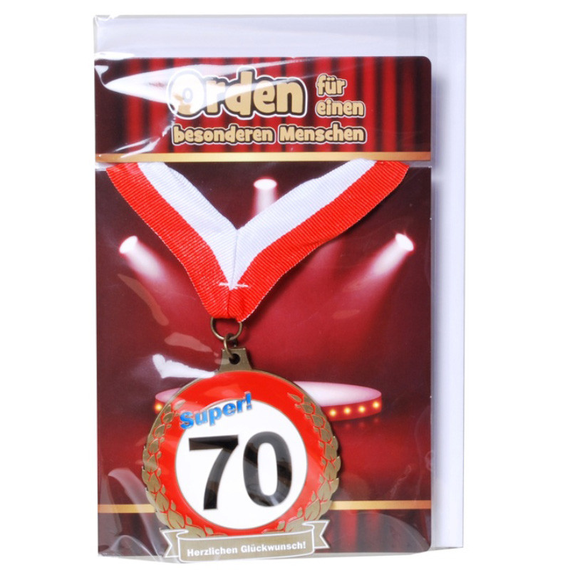 Udo Schmidt Orden 70 auf Karte mit rot weißem Band originelle Geburtstagsmedaille zum 70 Geburtstag